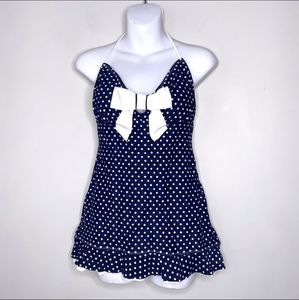 Eco swim One piece swim dress around neck tie polka dot bow detail back Size 6